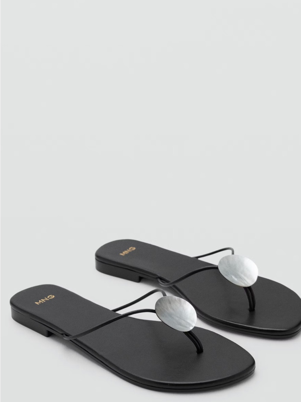 Mango Leather Sandal with Shell Detail Black Size 8.5 / EUR 39